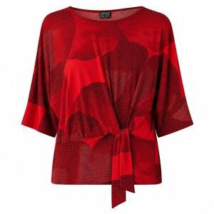 Ciara Sun Woo Red Black Geometric Print Tie Front Blouse Size S No Tuck‎ Top